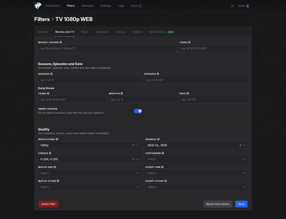 A filter's Movies and TV tab with resolution, source and codec matching