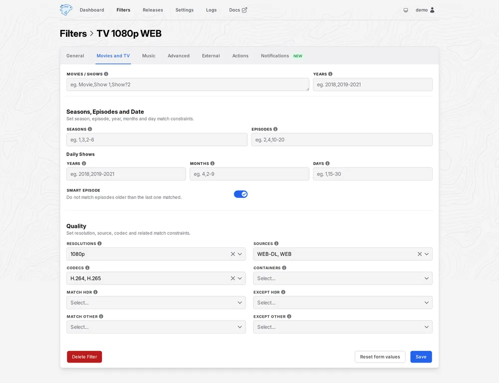 A filter's Movies and TV tab with resolution, source and codec matching