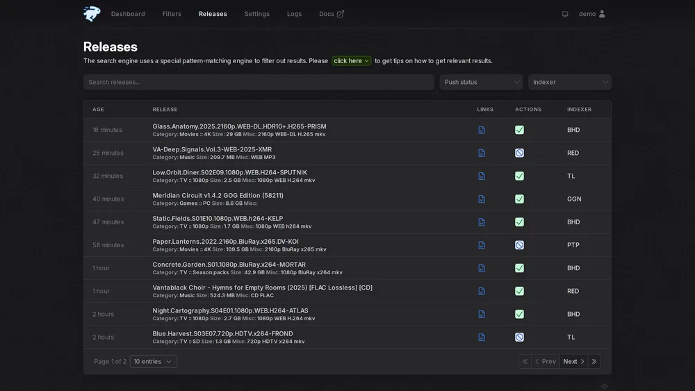 The releases page listing approved and rejected pushes per indexer