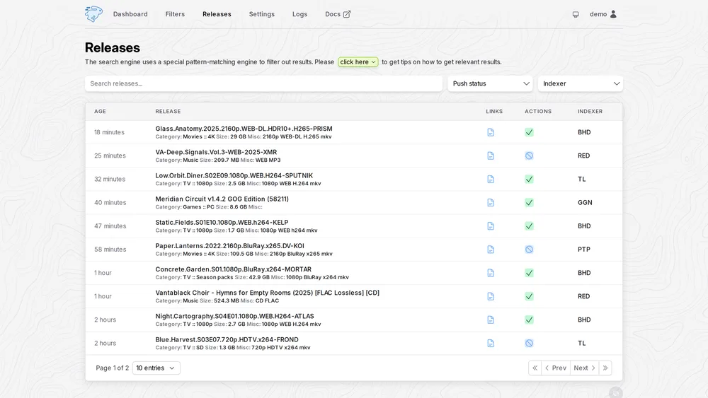 The releases page listing approved and rejected pushes per indexer