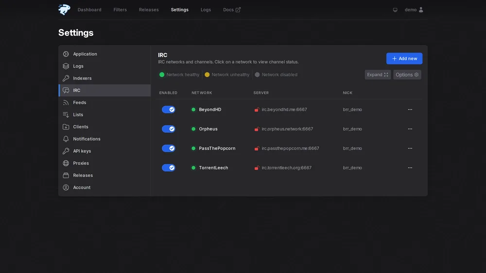 IRC settings with connected networks and healthy channels