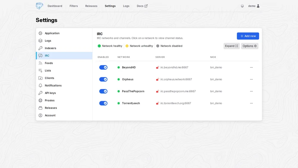 IRC settings with connected networks and healthy channels